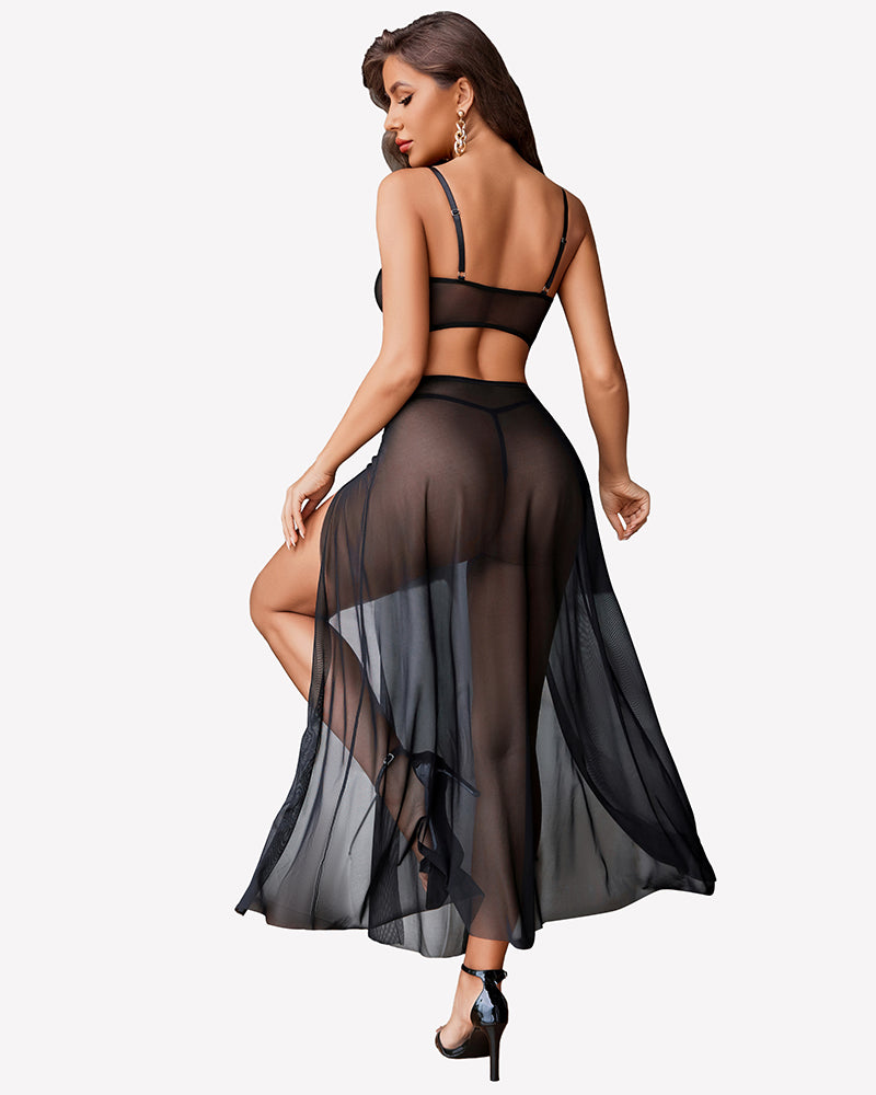 3 Piece Set Mesh Side Split Nightgown