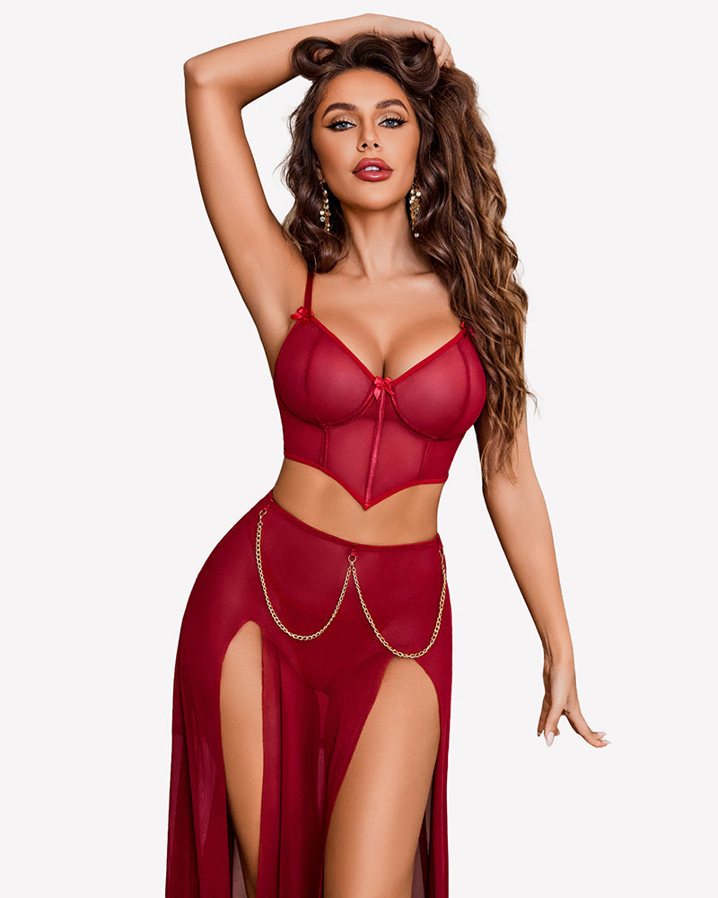 3 Piece Set Mesh Side Split Nightgown
