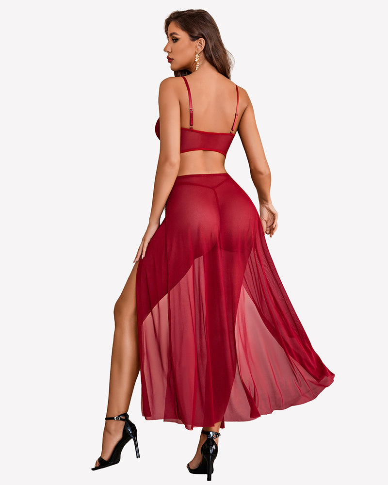 3 Piece Set Mesh Side Split Nightgown