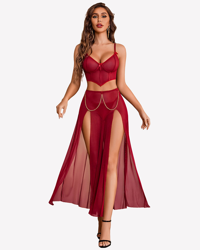 3 Piece Set Mesh Side Split Nightgown