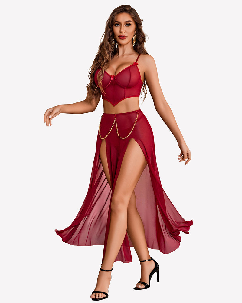 3 Piece Set Mesh Side Split Nightgown