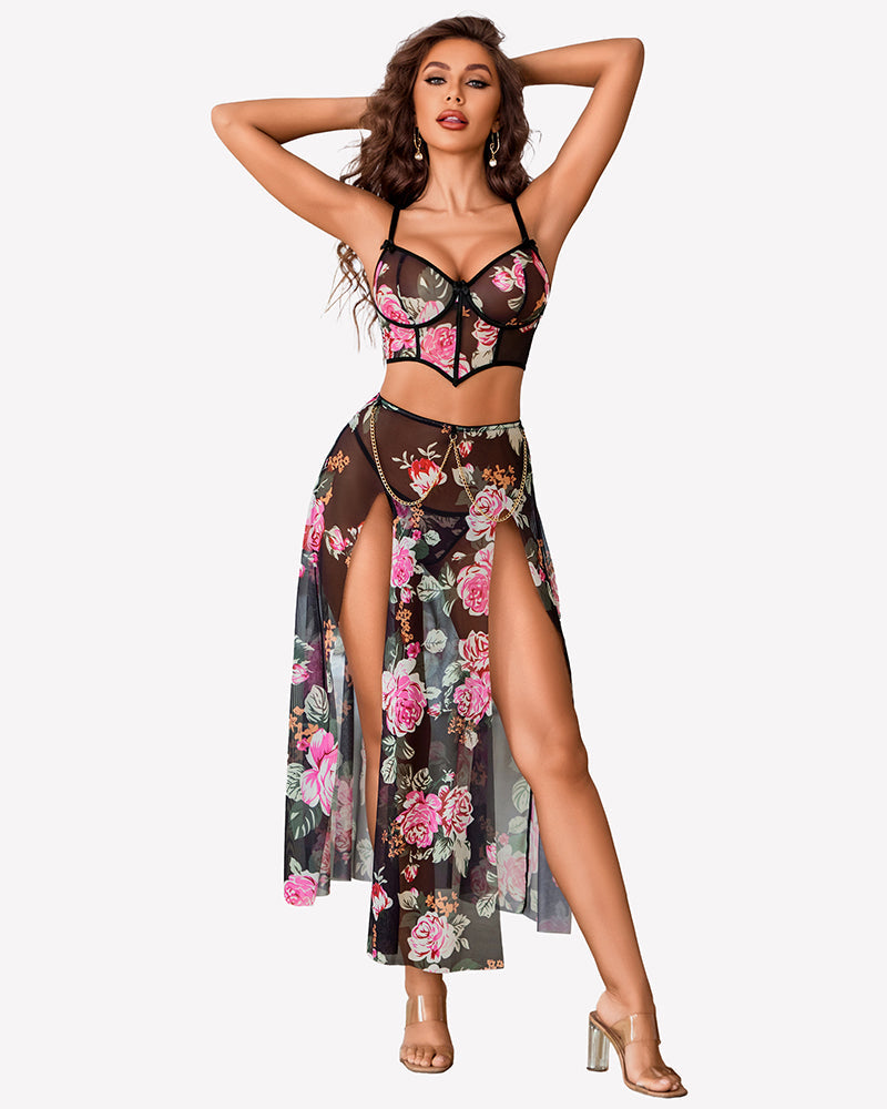 3 Piece Set Mesh Side Split Nightgown