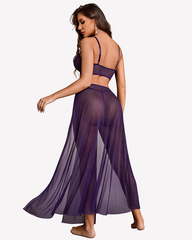 3 Piece Set Mesh Side Split Nightgown
