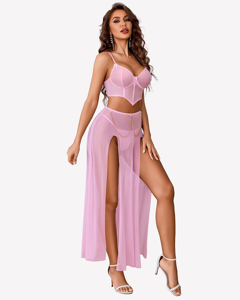 3 Piece Set Mesh Side Split Nightgown