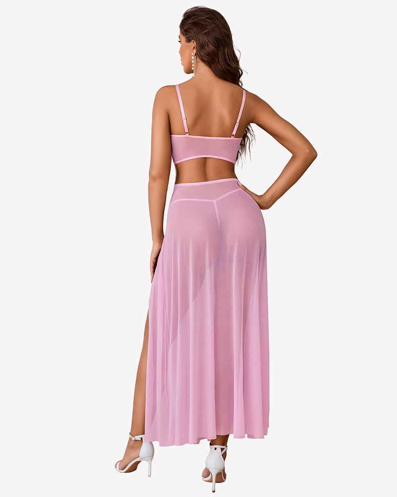 3 Piece Set Mesh Side Split Nightgown