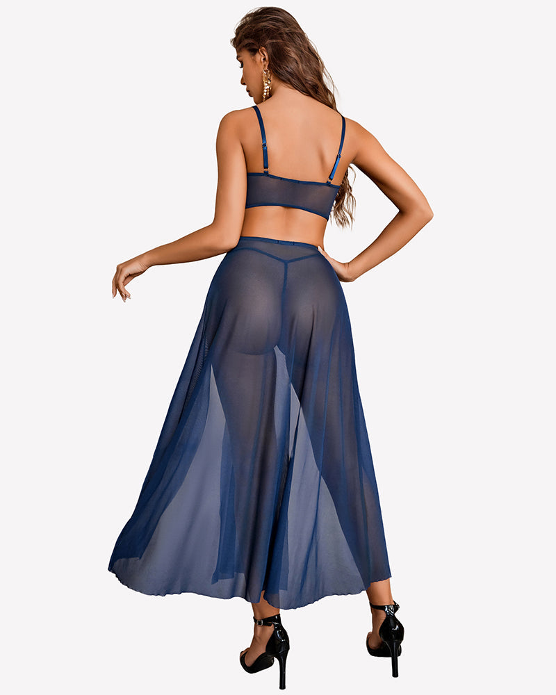 3 Piece Set Mesh Side Split Nightgown