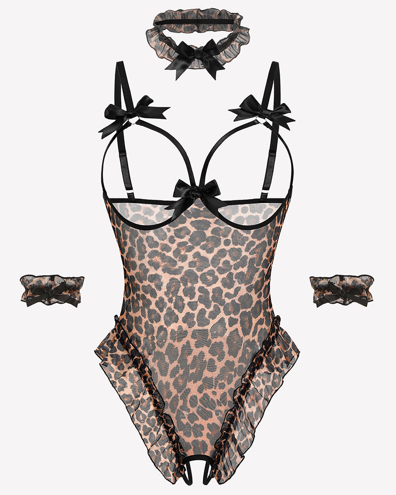 4 Piece Set Sheer Mesh Teddy Bodysuits