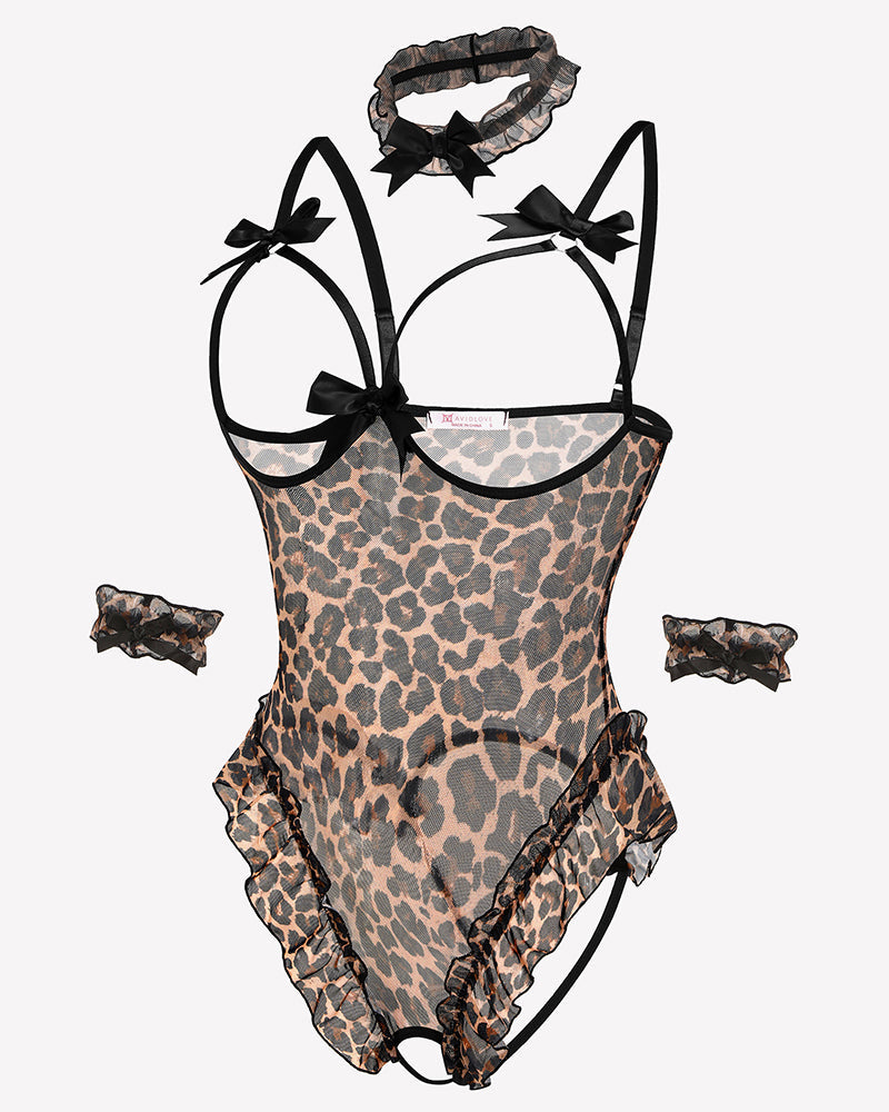 4 Piece Set Sheer Mesh Teddy Bodysuits