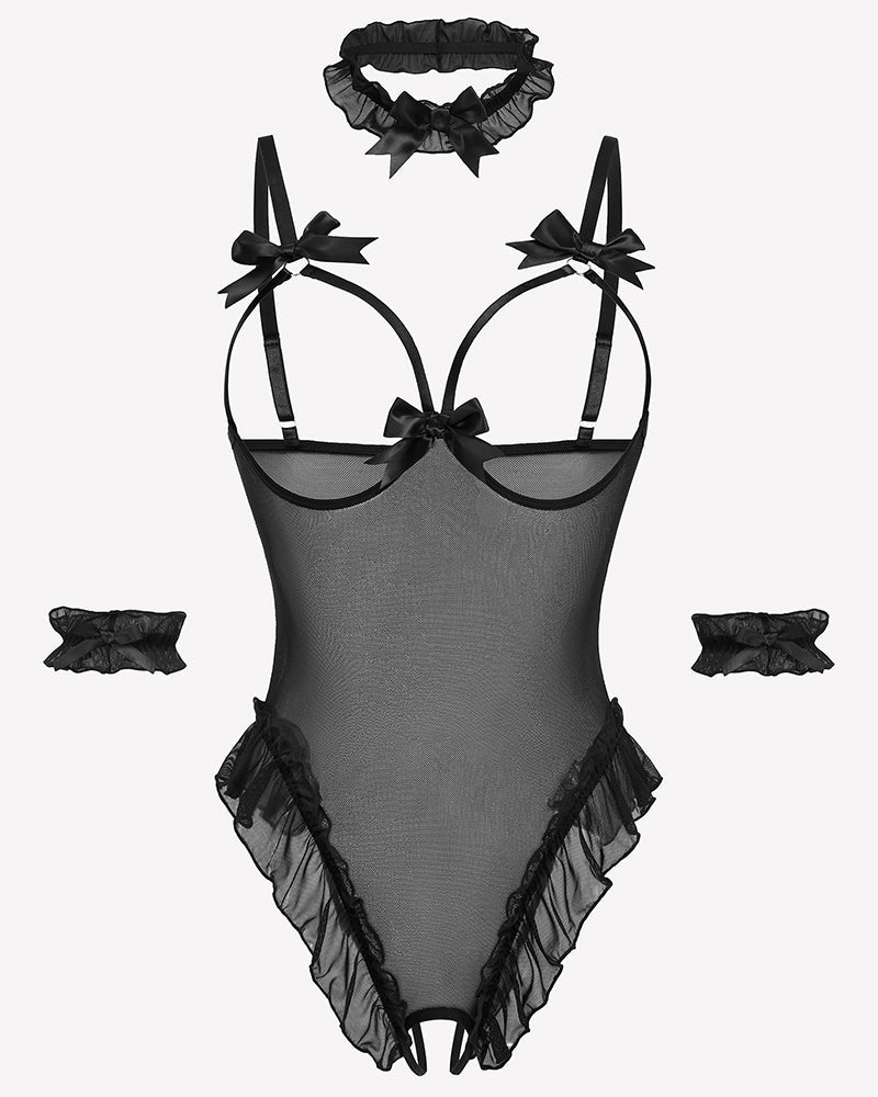 4 Piece Set Sheer Mesh Teddy Bodysuits
