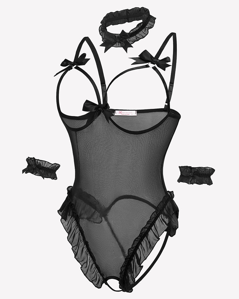 4 Piece Set Sheer Mesh Teddy Bodysuits
