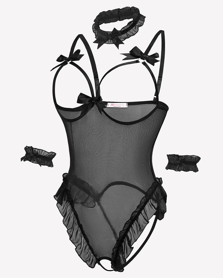 4 Piece Set Sheer Mesh Teddy Bodysuits
