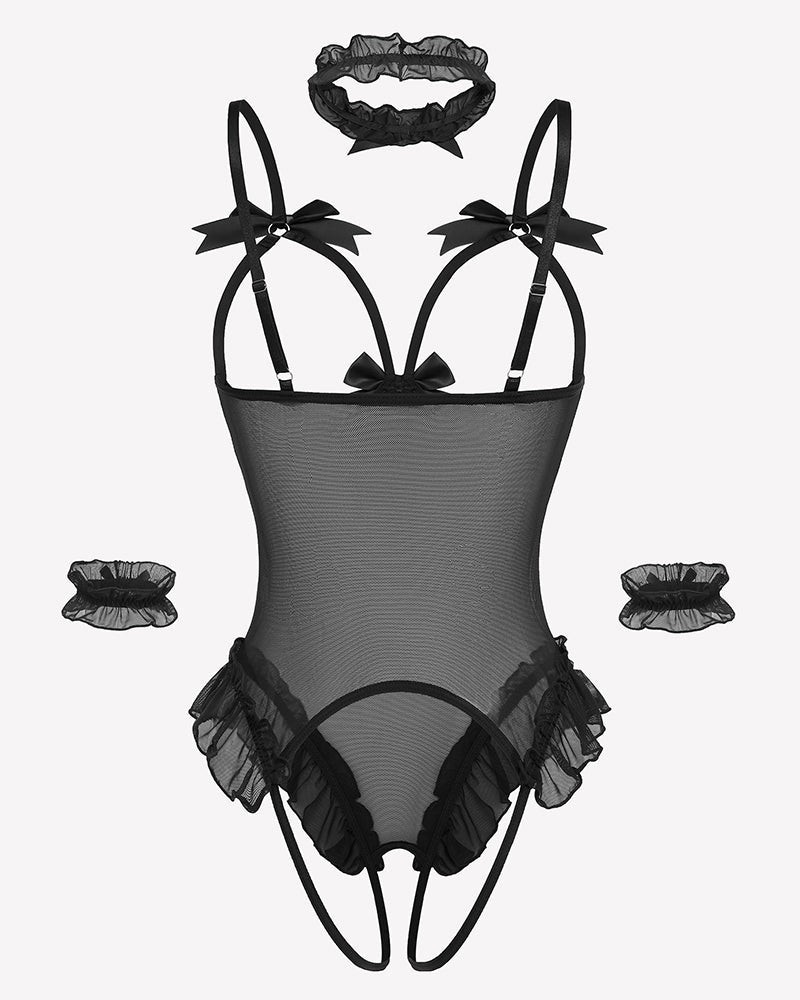 4 Piece Set Sheer Mesh Teddy Bodysuits