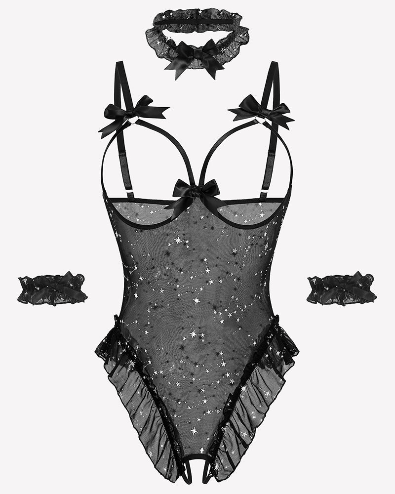 4 Piece Set Sheer Mesh Teddy Bodysuits