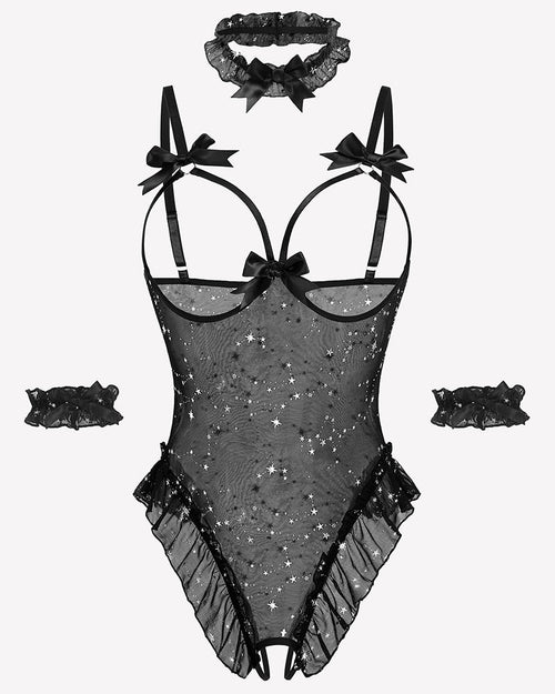 4 Piece Set Sheer Mesh Teddy Bodysuits