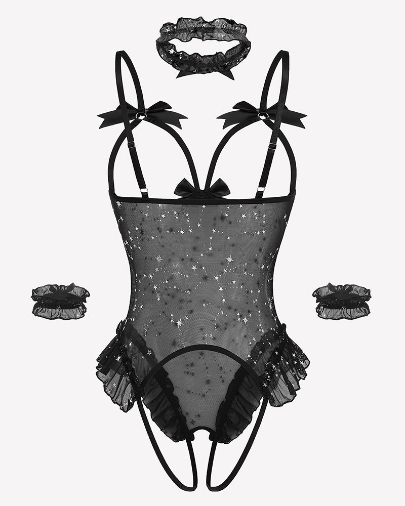4 Piece Set Sheer Mesh Teddy Bodysuits