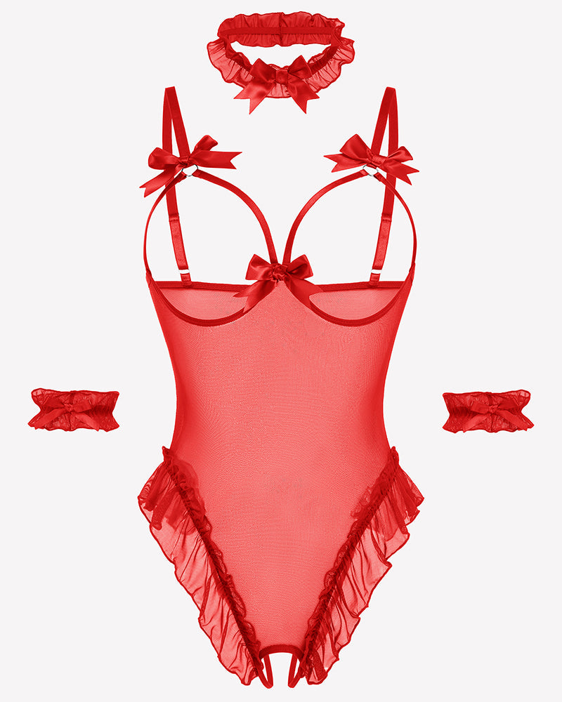 4 Piece Set Sheer Mesh Teddy Bodysuits