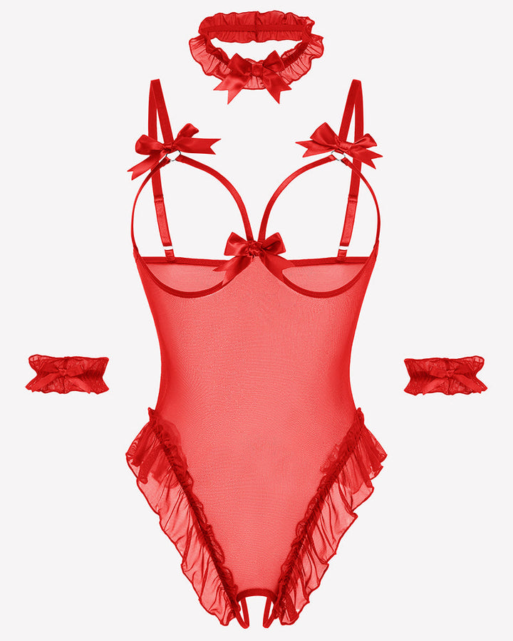 4 Piece Set Sheer Mesh Teddy Bodysuits