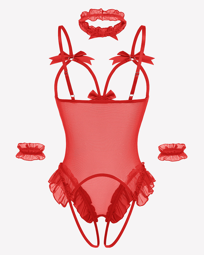 4 Piece Set Sheer Mesh Teddy Bodysuits