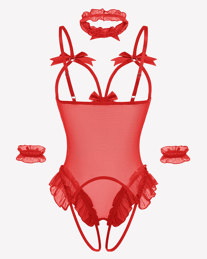 4 Piece Set Sheer Mesh Teddy Bodysuits