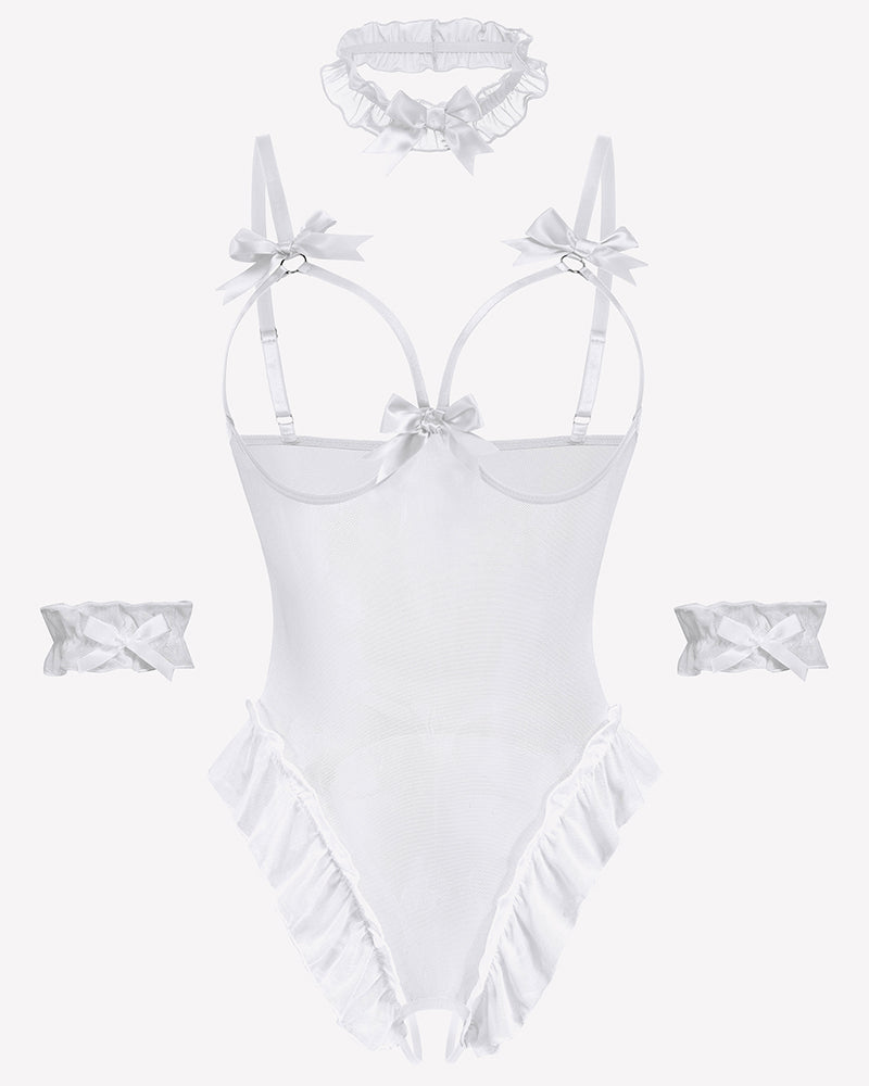 4 Piece Set Sheer Mesh Teddy Bodysuits