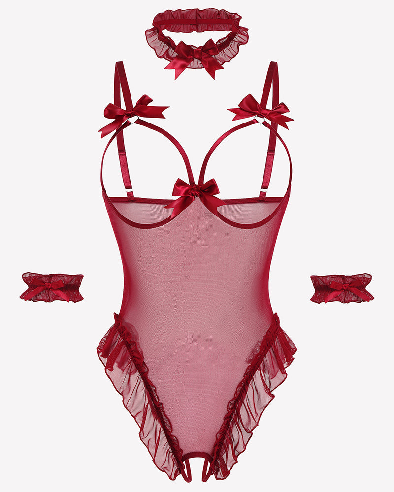 4 Piece Set Sheer Mesh Teddy Bodysuits