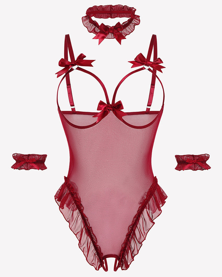 4 Piece Set Sheer Mesh Teddy Bodysuits