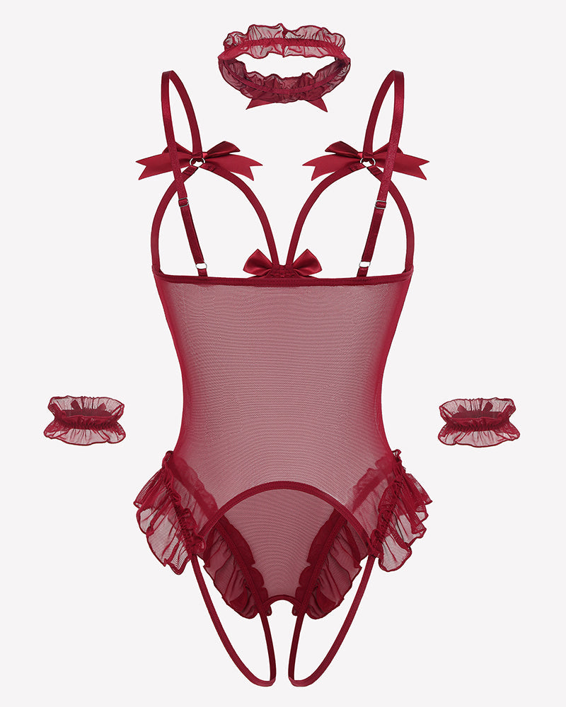 4 Piece Set Sheer Mesh Teddy Bodysuits