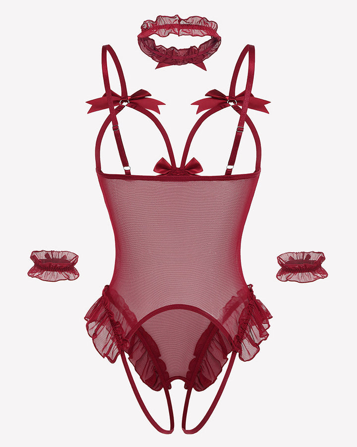 4 Piece Set Sheer Mesh Teddy Bodysuits