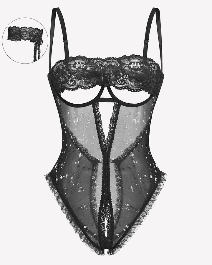 Lace V Neck Crotchless Teddy Lingerie