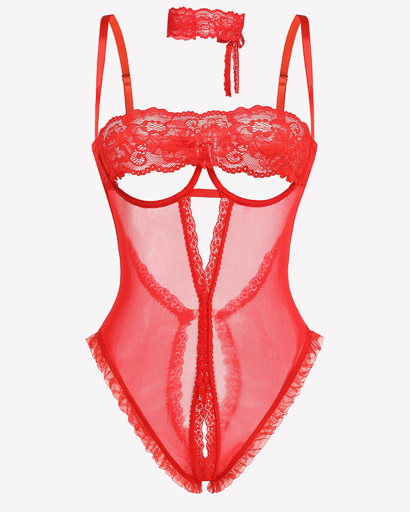 Lace V Neck Crotchless Teddy Lingerie