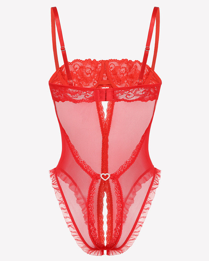 Lace V Neck Crotchless Teddy Lingerie