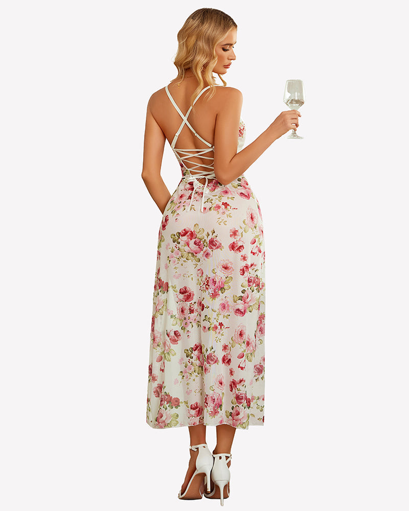 Floral Print Mesh Side Split Nightgown