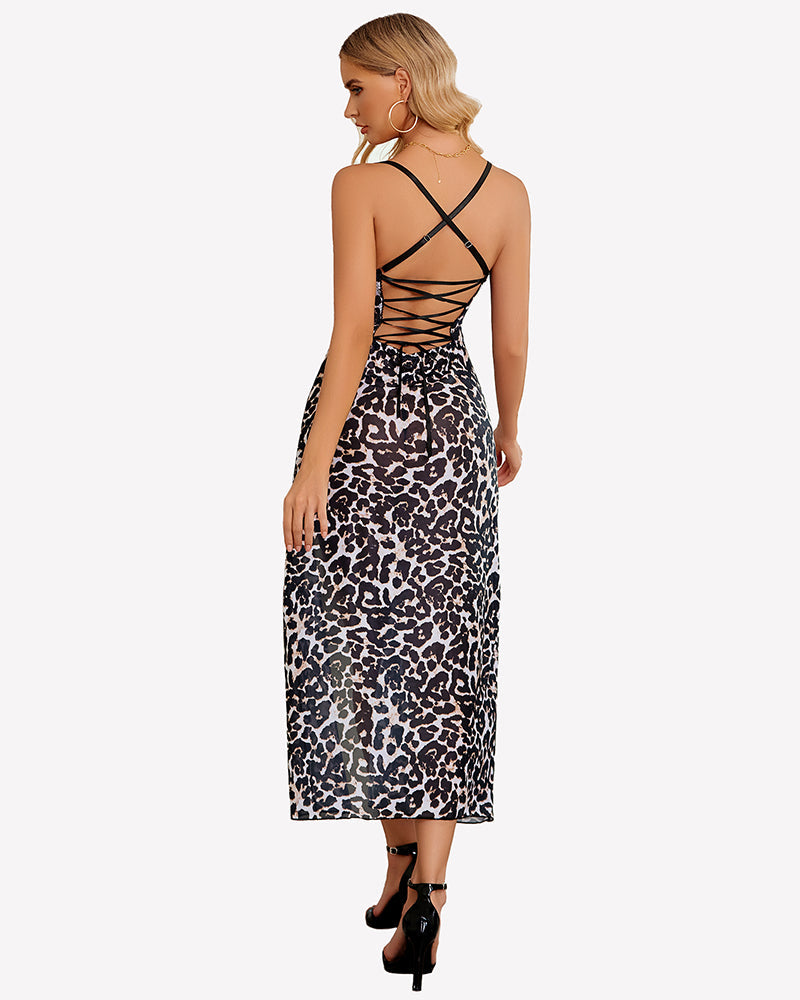 Floral Print Mesh Side Split Nightgown