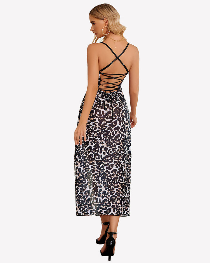 Floral Print Mesh Side Split Nightgown