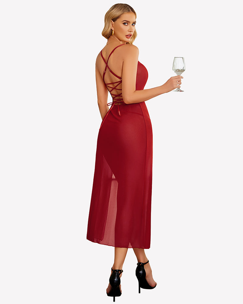 Floral Print Mesh Side Split Nightgown