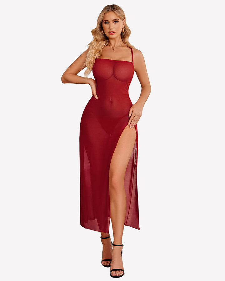 Floral Print Mesh Side Split Nightgown
