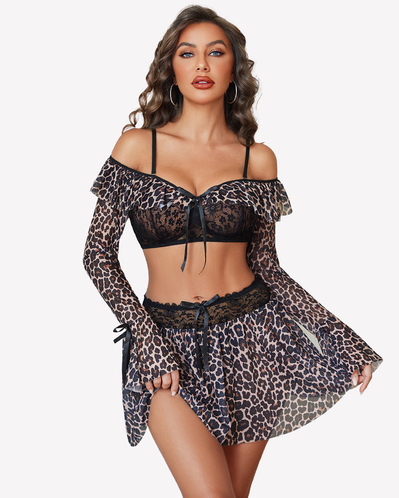 Off Shoulder Bra Panty Ruffle Skirts 3 Piece Sets