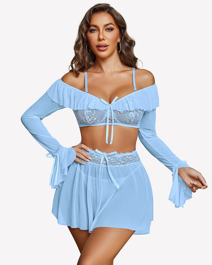 Off Shoulder Bra Panty Ruffle Skirts 3 Piece Sets