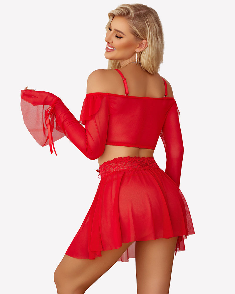 Off Shoulder Bra Panty Ruffle Skirts 3 Piece Sets