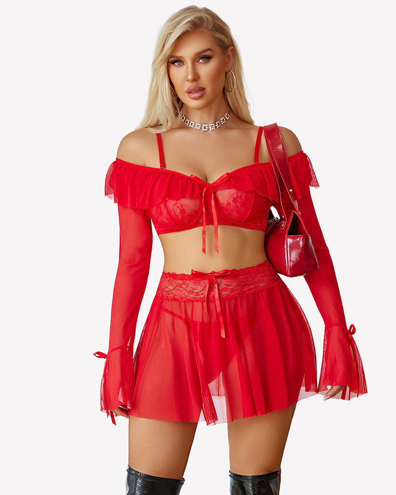Off Shoulder Bra Panty Ruffle Skirts 3 Piece Sets