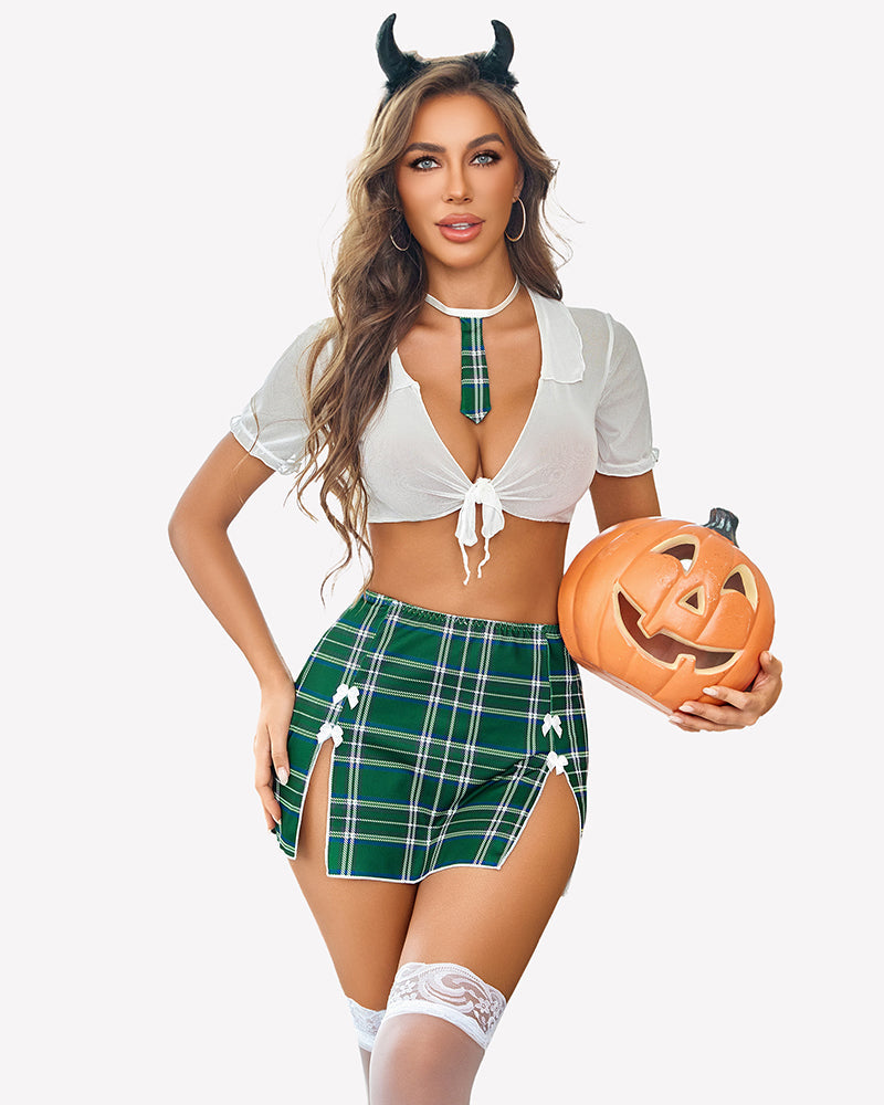Costume Sheer Tie Top and Mini Skirt with Thong