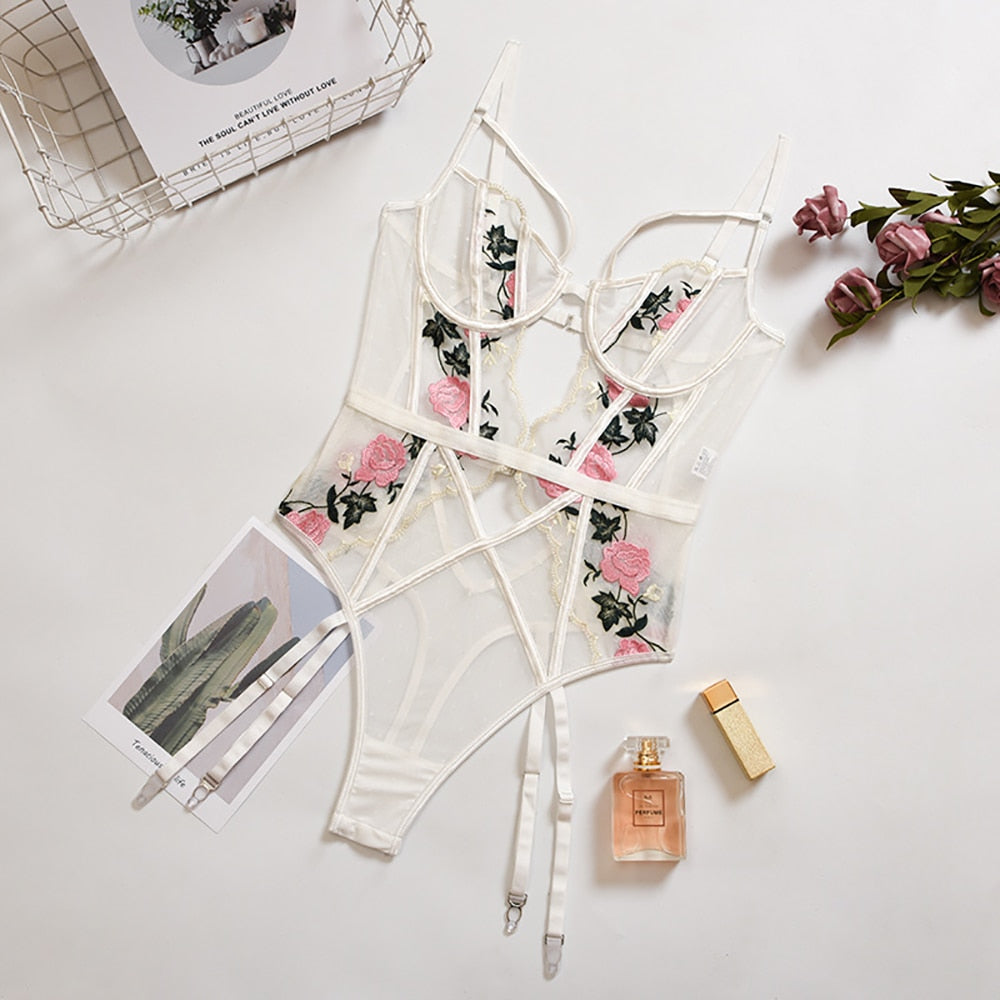 White bodysuit with rose embroidery