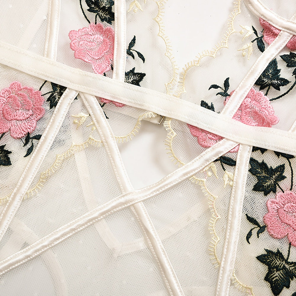 White bodysuit with rose embroidery
