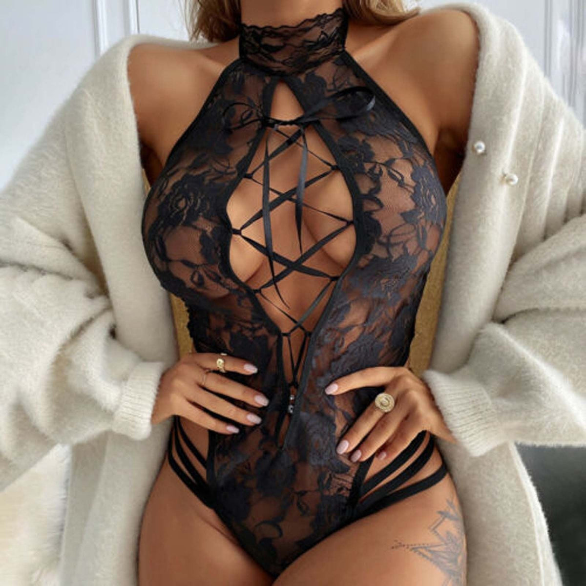 Lace bodysuit with a tie