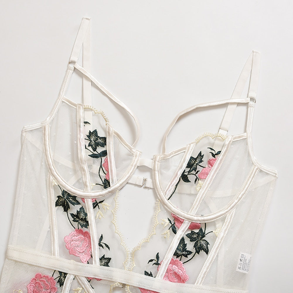 White bodysuit with rose embroidery