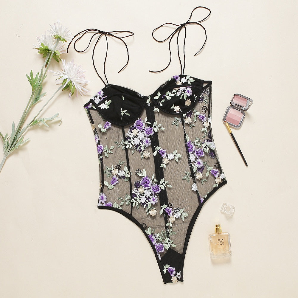 Bodysuit with purple embroidery