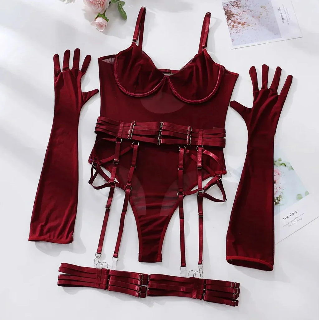 Bodysuit with velvet details and gloves