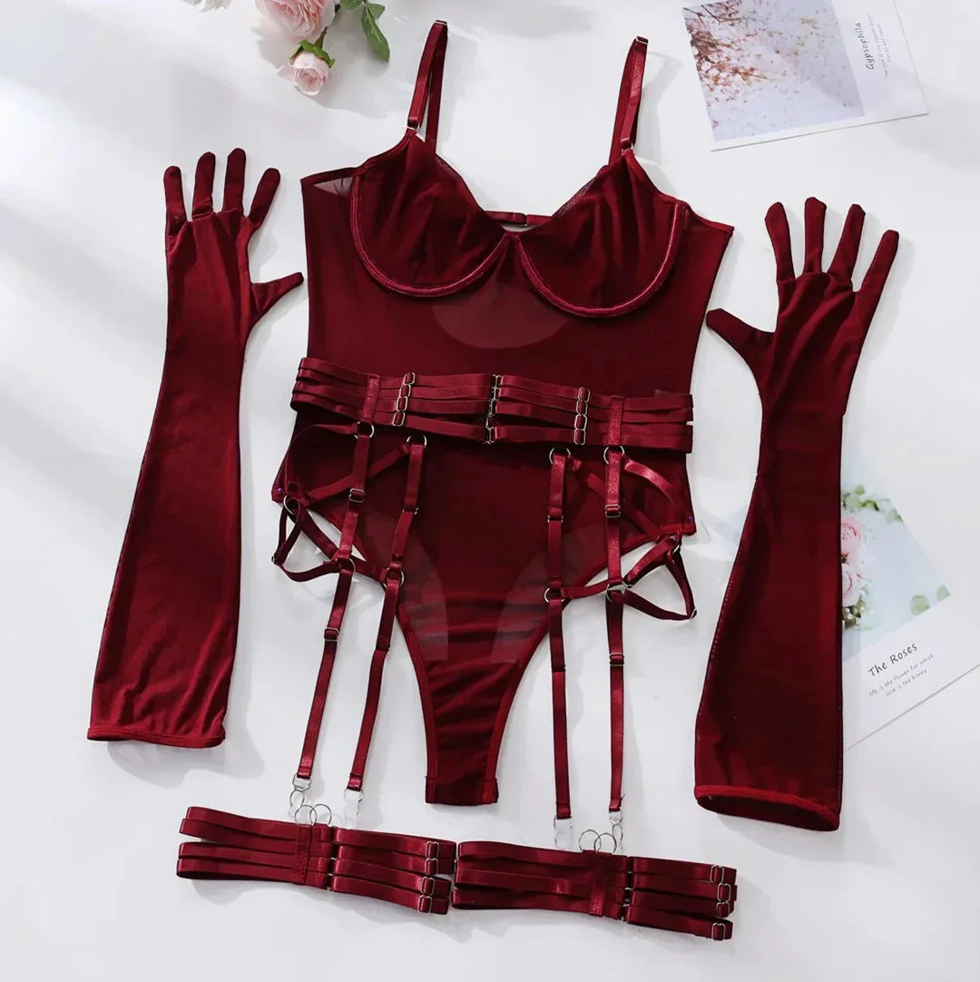 Bodysuit with velvet details and gloves