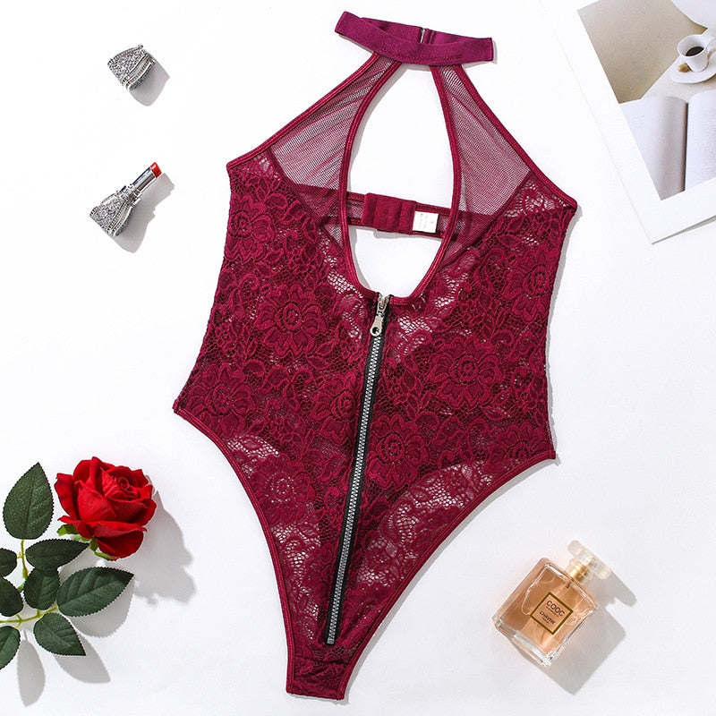 Lace bodysuit with zip