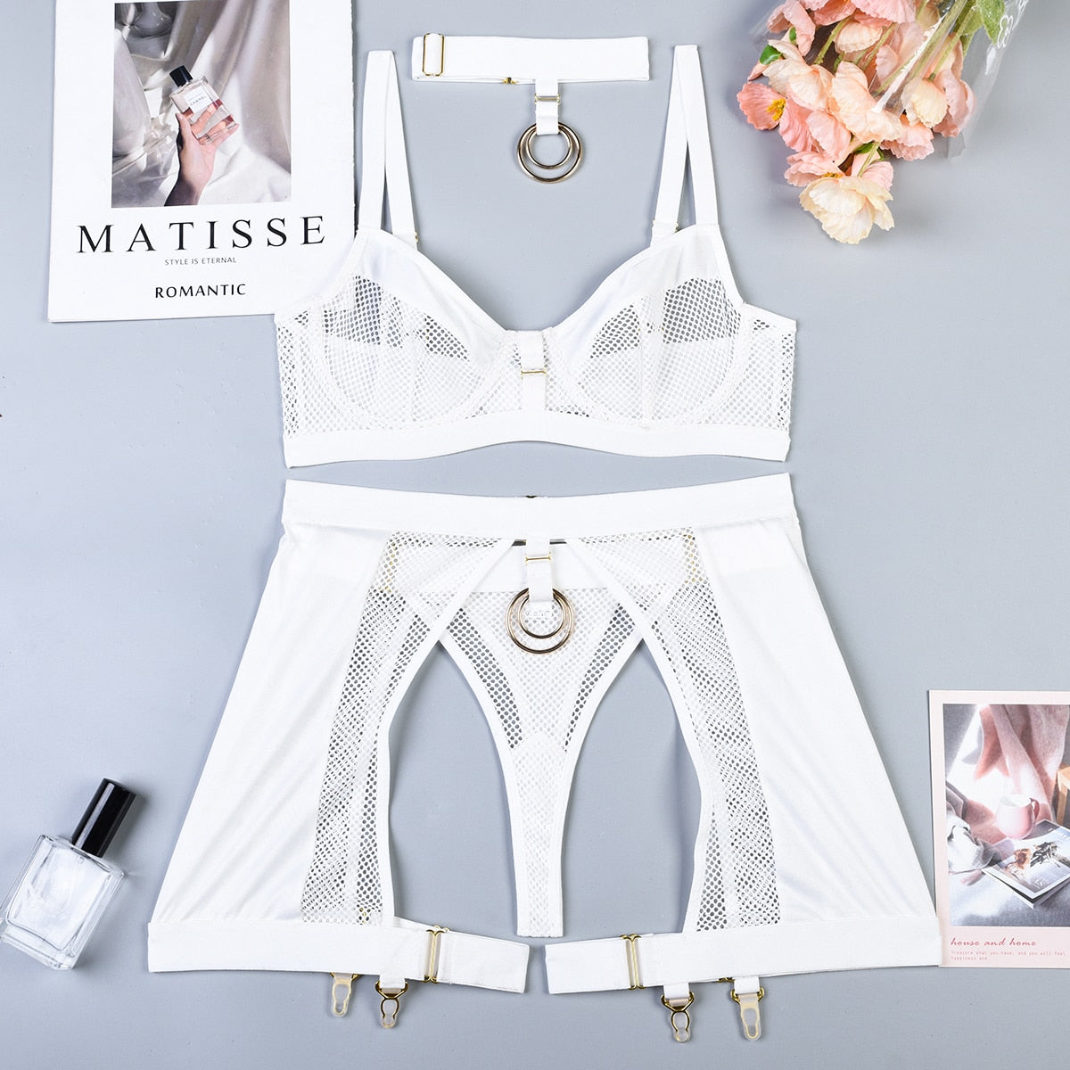 3-Piece Lingerie Set with Choker, Mesh and Metal Rings
